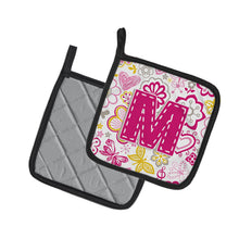 Load image into Gallery viewer, Letter M Flowers and Butterflies Pink Pot Holders - Set of 2 - Heat-Resistant Kitchen Essentials CJ2005-MPTHD