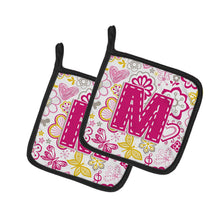 Load image into Gallery viewer, Letter M Flowers and Butterflies Pink Pot Holders - Set of 2 - Heat-Resistant Kitchen Essentials CJ2005-MPTHD
