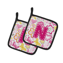 Load image into Gallery viewer, Letter N Flowers and Butterflies Pink Pot Holders - Set of 2 - Heat-Resistant Kitchen Essentials CJ2005-NPTHD