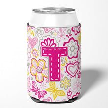 Load image into Gallery viewer, Letter T Flowers and Butterflies Pink Can or Bottle Hugger CJ2005-TCC