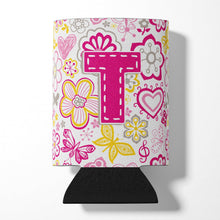 Load image into Gallery viewer, Letter T Flowers and Butterflies Pink Can or Bottle Hugger CJ2005-TCC