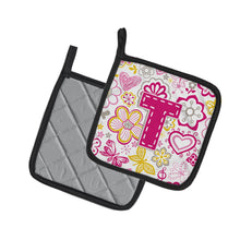 Load image into Gallery viewer, Letter T Flowers and Butterflies Pink Pot Holders - Set of 2 - Heat-Resistant Kitchen Essentials CJ2005-TPTHD
