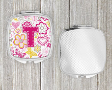 Load image into Gallery viewer, Letter T Flowers and Butterflies Pink Compact Mirror – Stylish Purse Mirror with Artistic Covers CJ2005-TSCM