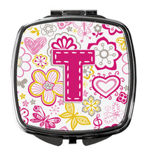 Load image into Gallery viewer, Letter T Flowers and Butterflies Pink Compact Mirror – Stylish Purse Mirror with Artistic Covers CJ2005-TSCM