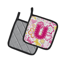 Load image into Gallery viewer, Letter U Flowers and Butterflies Pink Pot Holders - Set of 2 - Heat-Resistant Kitchen Essentials CJ2005-UPTHD