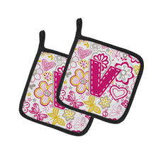 Load image into Gallery viewer, Letter V Flowers and Butterflies Pink Pot Holders - Set of 2 - Heat-Resistant Kitchen Essentials CJ2005-VPTHD