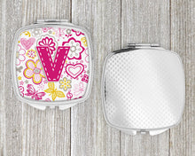 Load image into Gallery viewer, Letter V Flowers and Butterflies Pink Compact Mirror – Stylish Purse Mirror with Artistic Covers CJ2005-VSCM