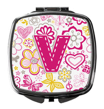 Load image into Gallery viewer, Letter V Flowers and Butterflies Pink Compact Mirror – Stylish Purse Mirror with Artistic Covers CJ2005-VSCM
