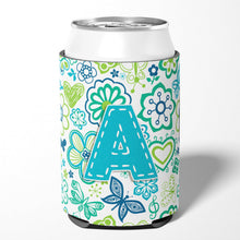 Load image into Gallery viewer, Letter A Flowers and Butterflies Teal Blue Can or Bottle Hugger CJ2006-ACC