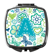Load image into Gallery viewer, Letter A Flowers and Butterflies Teal Blue Compact Mirror – Stylish Purse Mirror with Artistic Covers CJ2006-ASCM