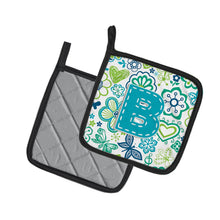 Load image into Gallery viewer, Letter B Flowers and Butterflies Teal Blue Pot Holders - Set of 2 - Heat-Resistant Kitchen Essentials CJ2006-BPTHD