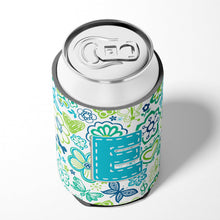 Load image into Gallery viewer, Letter E Flowers and Butterflies Teal Blue Can or Bottle Hugger CJ2006-ECC