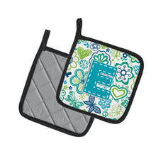 Load image into Gallery viewer, Letter E Flowers and Butterflies Teal Blue Pot Holders - Set of 2 - Heat-Resistant Kitchen Essentials CJ2006-EPTHD