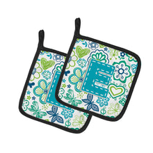 Load image into Gallery viewer, Letter E Flowers and Butterflies Teal Blue Pot Holders - Set of 2 - Heat-Resistant Kitchen Essentials CJ2006-EPTHD