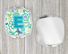 Load image into Gallery viewer, Letter E Flowers and Butterflies Teal Blue Compact Mirror – Stylish Purse Mirror with Artistic Covers CJ2006-ESCM