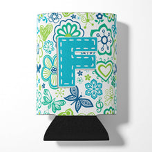 Load image into Gallery viewer, Letter F Flowers and Butterflies Teal Blue Can or Bottle Hugger CJ2006-FCC