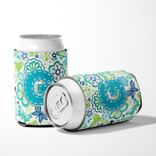 Load image into Gallery viewer, Letter G Flowers and Butterflies Teal Blue Can or Bottle Hugger CJ2006-GCC