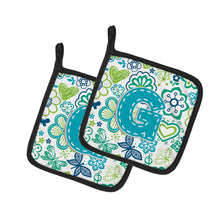 Load image into Gallery viewer, Letter G Flowers and Butterflies Teal Blue Pot Holders - Set of 2 - Heat-Resistant Kitchen Essentials CJ2006-GPTHD