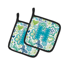 Load image into Gallery viewer, Letter H Flowers and Butterflies Teal Blue Pot Holders - Set of 2 - Heat-Resistant Kitchen Essentials CJ2006-HPTHD