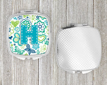 Load image into Gallery viewer, Letter H Flowers and Butterflies Teal Blue Compact Mirror – Stylish Purse Mirror with Artistic Covers CJ2006-HSCM