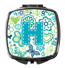 Load image into Gallery viewer, Letter H Flowers and Butterflies Teal Blue Compact Mirror – Stylish Purse Mirror with Artistic Covers CJ2006-HSCM