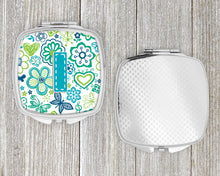 Load image into Gallery viewer, Letter I Flowers and Butterflies Teal Blue Compact Mirror – Stylish Purse Mirror with Artistic Covers CJ2006-ISCM