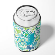 Load image into Gallery viewer, Letter J Flowers and Butterflies Teal Blue Can or Bottle Hugger CJ2006-JCC