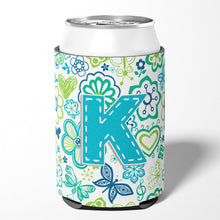 Load image into Gallery viewer, Letter K Flowers and Butterflies Teal Blue Can or Bottle Hugger CJ2006-KCC