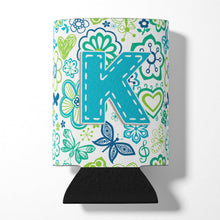 Load image into Gallery viewer, Letter K Flowers and Butterflies Teal Blue Can or Bottle Hugger CJ2006-KCC