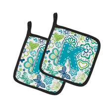 Load image into Gallery viewer, Letter K Flowers and Butterflies Teal Blue Pot Holders - Set of 2 - Heat-Resistant Kitchen Essentials CJ2006-KPTHD