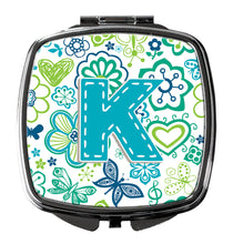 Load image into Gallery viewer, Letter K Flowers and Butterflies Teal Blue Compact Mirror – Stylish Purse Mirror with Artistic Covers CJ2006-KSCM