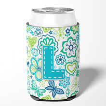 Load image into Gallery viewer, Letter L Flowers and Butterflies Teal Blue Can or Bottle Hugger CJ2006-LCC