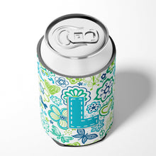 Load image into Gallery viewer, Letter L Flowers and Butterflies Teal Blue Can or Bottle Hugger CJ2006-LCC