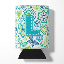 Load image into Gallery viewer, Letter L Flowers and Butterflies Teal Blue Can or Bottle Hugger CJ2006-LCC