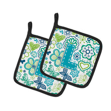 Load image into Gallery viewer, Letter L Flowers and Butterflies Teal Blue Pot Holders - Set of 2 - Heat-Resistant Kitchen Essentials CJ2006-LPTHD