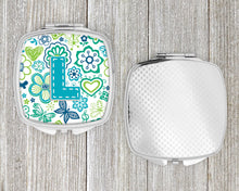 Load image into Gallery viewer, Letter L Flowers and Butterflies Teal Blue Compact Mirror – Stylish Purse Mirror with Artistic Covers CJ2006-LSCM