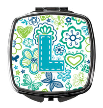 Load image into Gallery viewer, Letter L Flowers and Butterflies Teal Blue Compact Mirror – Stylish Purse Mirror with Artistic Covers CJ2006-LSCM