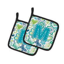Load image into Gallery viewer, Letter M Flowers and Butterflies Teal Blue Pot Holders - Set of 2 - Heat-Resistant Kitchen Essentials CJ2006-MPTHD