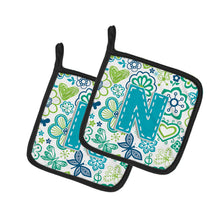 Load image into Gallery viewer, Letter N Flowers and Butterflies Teal Blue Pot Holders - Set of 2 - Heat-Resistant Kitchen Essentials CJ2006-NPTHD
