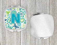 Load image into Gallery viewer, Letter N Flowers and Butterflies Teal Blue Compact Mirror – Stylish Purse Mirror with Artistic Covers CJ2006-NSCM