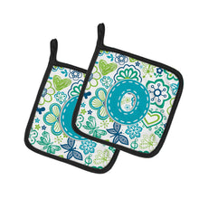 Load image into Gallery viewer, Letter O Flowers and Butterflies Teal Blue Pot Holders - Set of 2 - Heat-Resistant Kitchen Essentials CJ2006-OPTHD