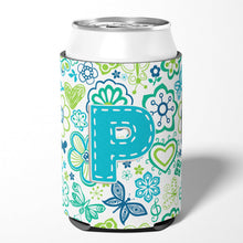 Load image into Gallery viewer, Letter P Flowers and Butterflies Teal Blue Can or Bottle Hugger CJ2006-PCC