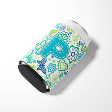 Load image into Gallery viewer, Letter P Flowers and Butterflies Teal Blue Can or Bottle Hugger CJ2006-PCC