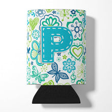 Load image into Gallery viewer, Letter P Flowers and Butterflies Teal Blue Can or Bottle Hugger CJ2006-PCC