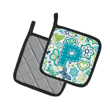Load image into Gallery viewer, Letter P Flowers and Butterflies Teal Blue Pot Holders - Set of 2 - Heat-Resistant Kitchen Essentials CJ2006-PPTHD