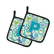 Load image into Gallery viewer, Letter P Flowers and Butterflies Teal Blue Pot Holders - Set of 2 - Heat-Resistant Kitchen Essentials CJ2006-PPTHD