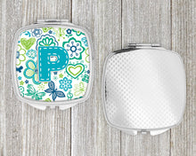 Load image into Gallery viewer, Letter P Flowers and Butterflies Teal Blue Compact Mirror – Stylish Purse Mirror with Artistic Covers CJ2006-PSCM