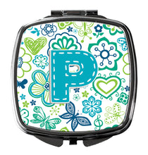 Load image into Gallery viewer, Letter P Flowers and Butterflies Teal Blue Compact Mirror – Stylish Purse Mirror with Artistic Covers CJ2006-PSCM