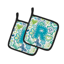 Load image into Gallery viewer, Letter R Flowers and Butterflies Teal Blue Pot Holders - Set of 2 - Heat-Resistant Kitchen Essentials CJ2006-RPTHD