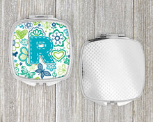 Load image into Gallery viewer, Letter R Flowers and Butterflies Teal Blue Compact Mirror – Stylish Purse Mirror with Artistic Covers CJ2006-RSCM